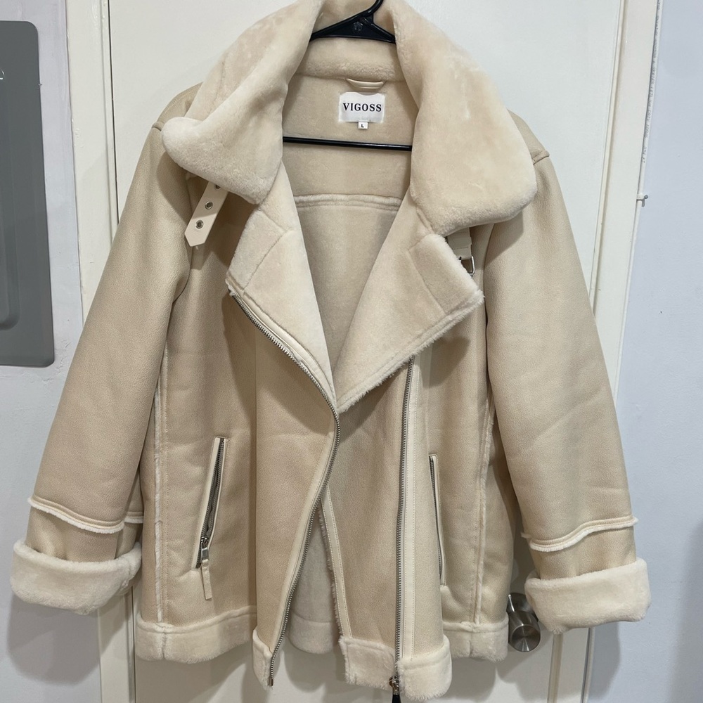 Vigoss Cream Faux Shearling Moto Coat